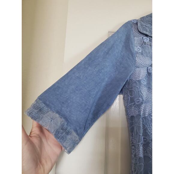 Kamana Lagenlook Burnout Embroidered Light Blue Tunic Blouse Dress, Size Medium - Picture 5 of 15